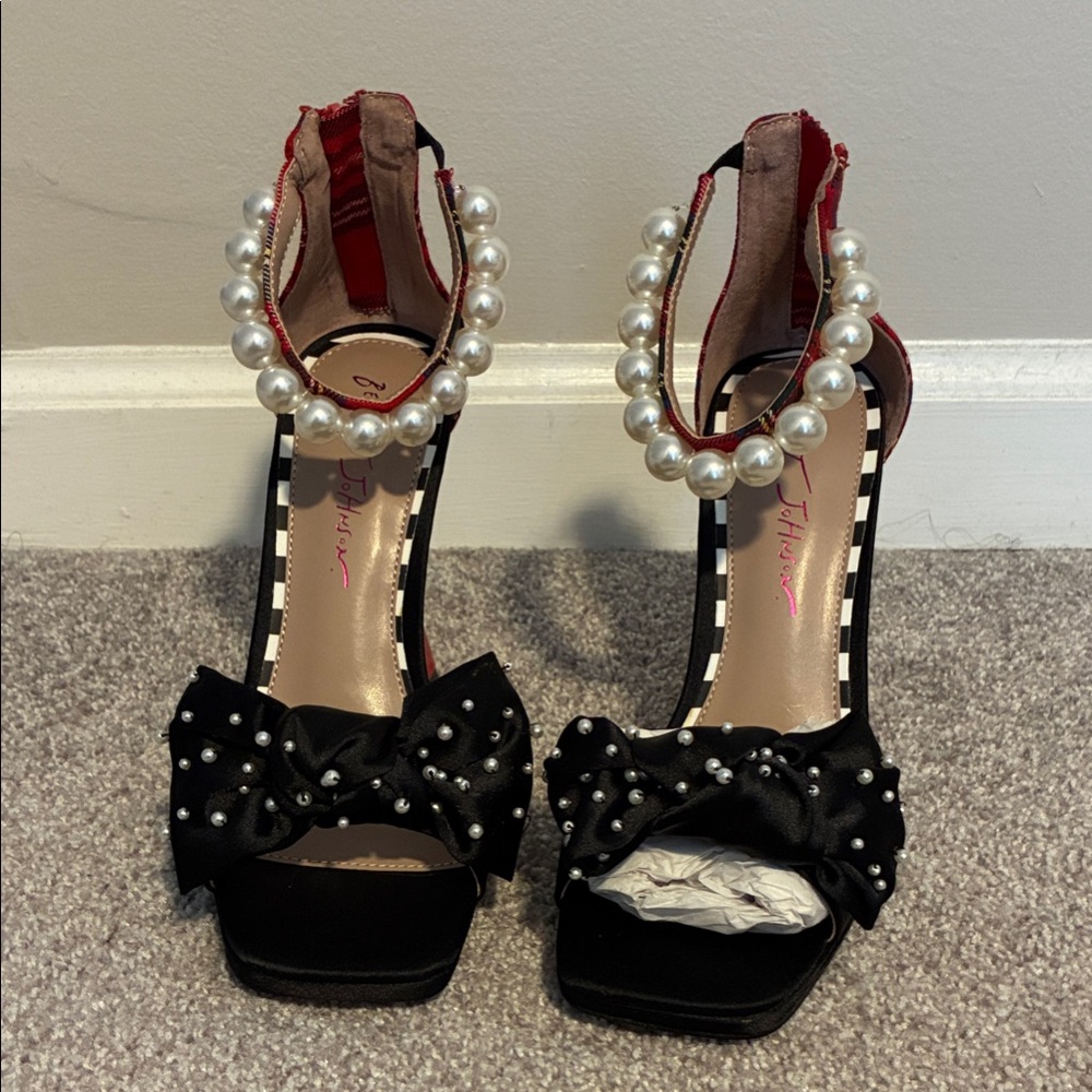 Betsey Johnson Black and Red Heels with Pearl Accents